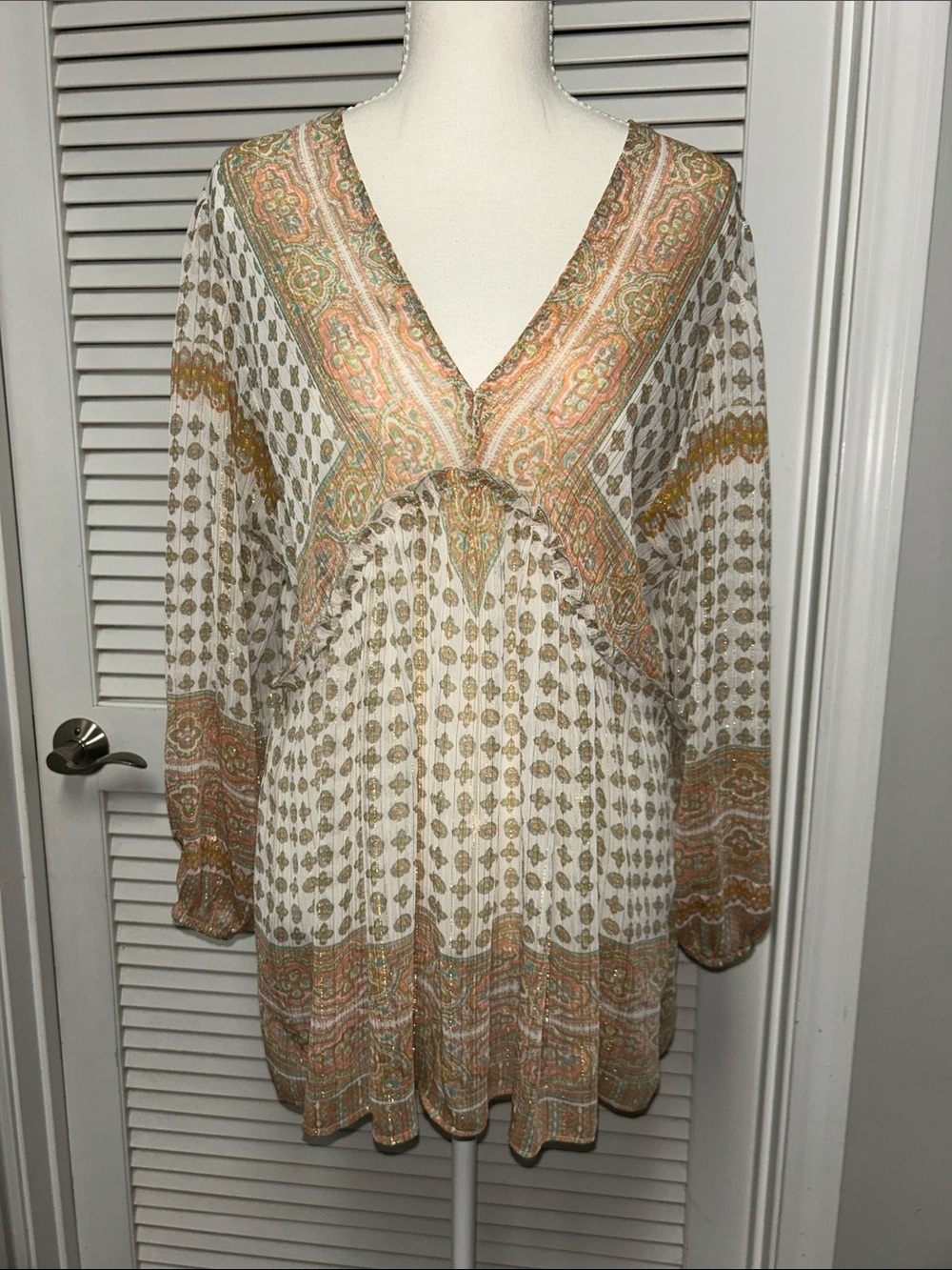 Rose + Olive Boho V-Neck Sheer Embroidered Tunic Top in Cream and Gold